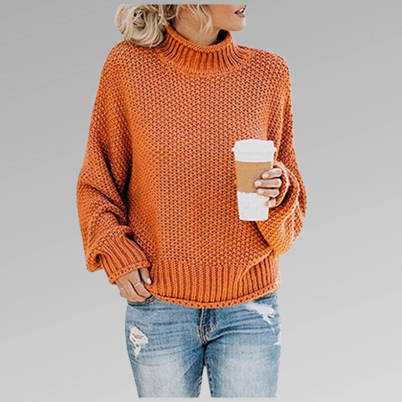 Sweter damski oversize z golfem i długimi rękawami - Pomarańczowy