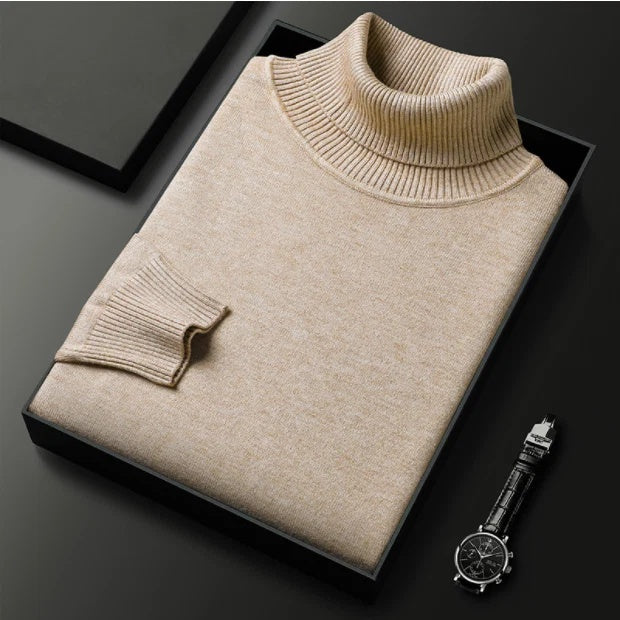 Sweter męski dopasowany z golfem i długimi rękawami - Khaki