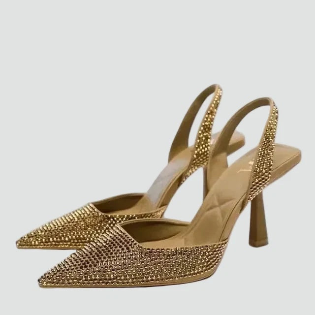 Czółenka damskie slingback na wysokim obcasie ze spiczastym noskiem i zdobieniami - Złoto