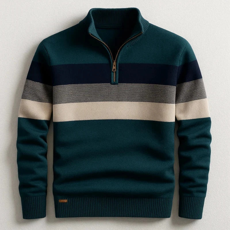 Sweter męski w pasy ze stójką i krótkim zamkiem - Zielony