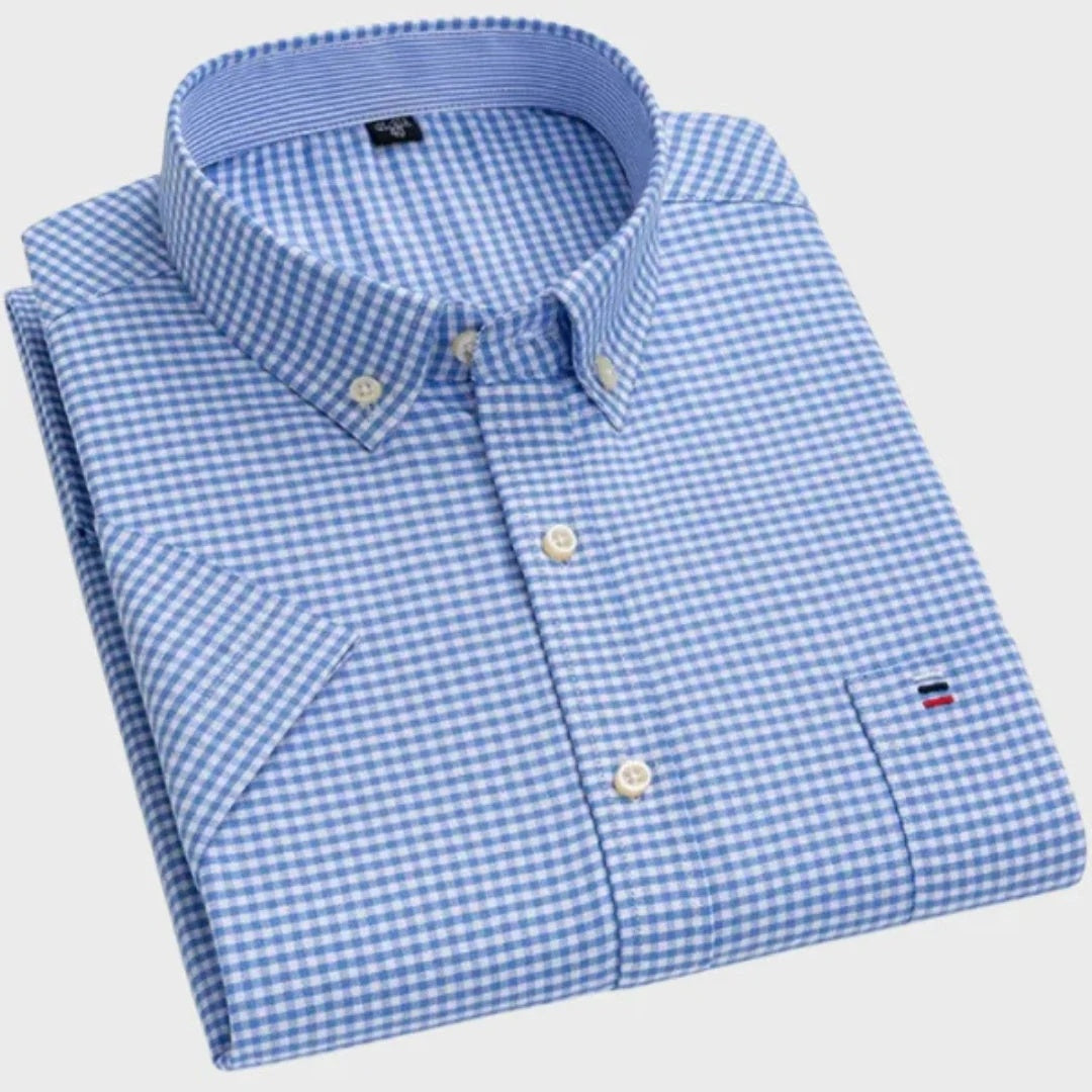 Koszula męska w kratę z krótkim rękawem i kołnierzykiem button down - Niebieski