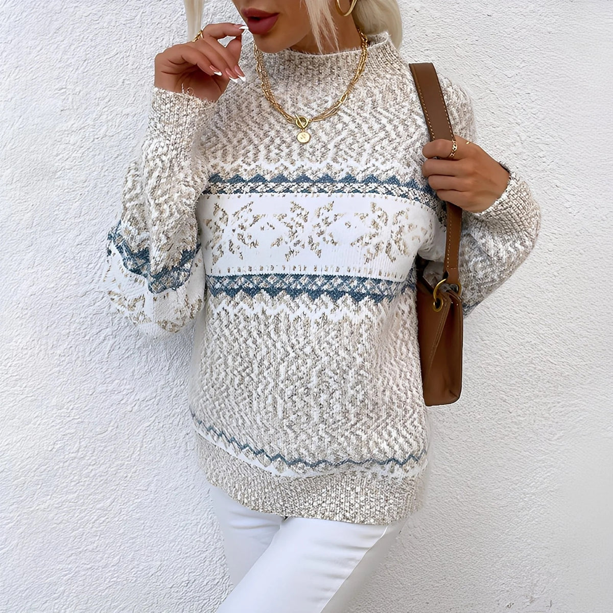 Sweter damski oversize ze wzorem śnieżynek i półgolfem - Khaki