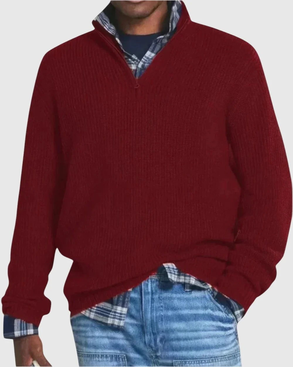 Sweter męski o luźnym kroju ze stójką i krótkim zamkiem - Czerwony