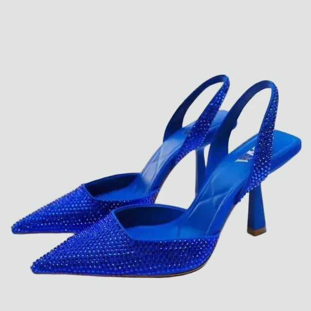 Czółenka damskie slingback na wysokim obcasie ze spiczastym noskiem i zdobieniami - Niebieski