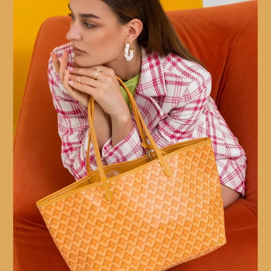 Torebka damska shopper duża z geometrycznym wzorem i saszetką - Żółty