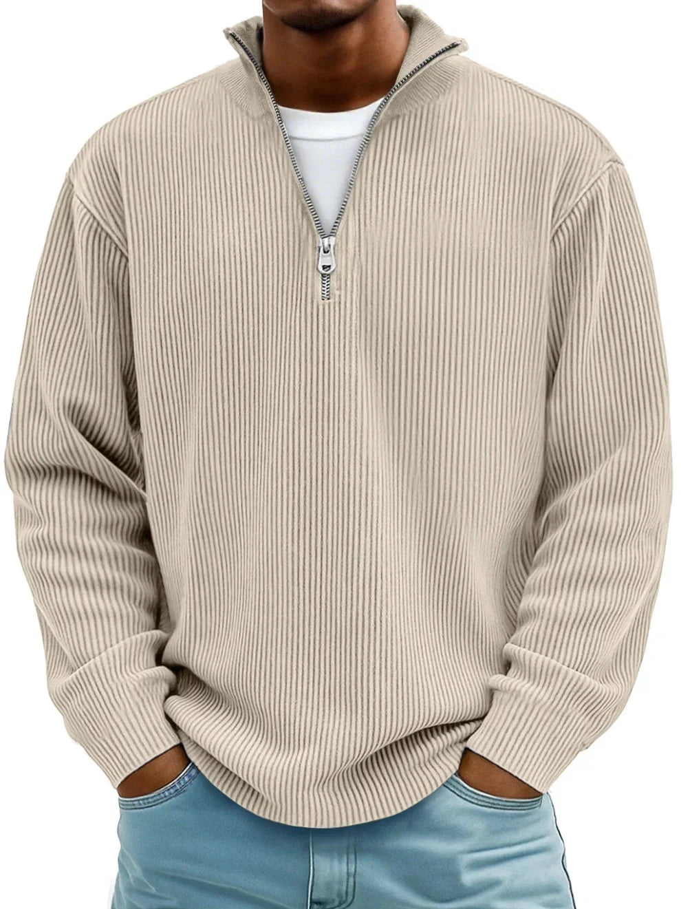 Bluza męska prążkowana ze stójką i krótkim zamkiem - Khaki
