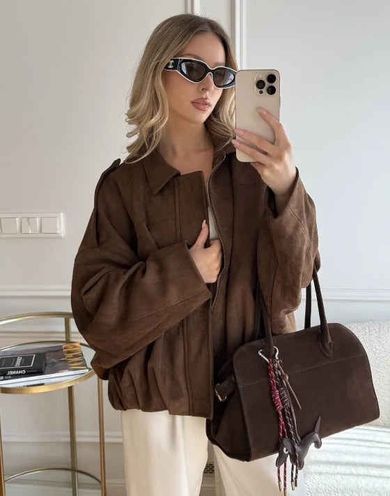 Kurtka damska bomber oversize z kołnierzem i zapięciem na zamek - Zielony