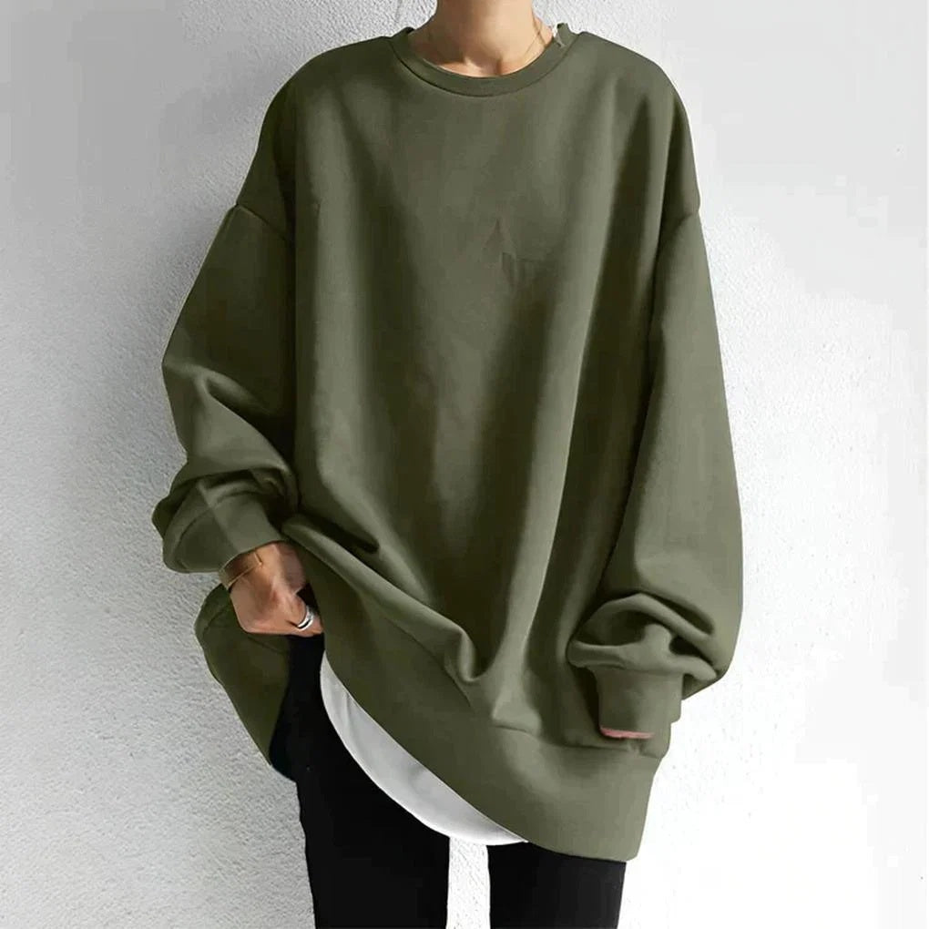 Bluza damska oversize wkładana przez głowę z okrągłym dekoltem - Zielony Wojskowy