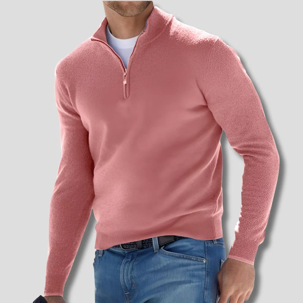 Sweter męski z długim rękawem i krótkim zamkiem pod szyją - Różowy