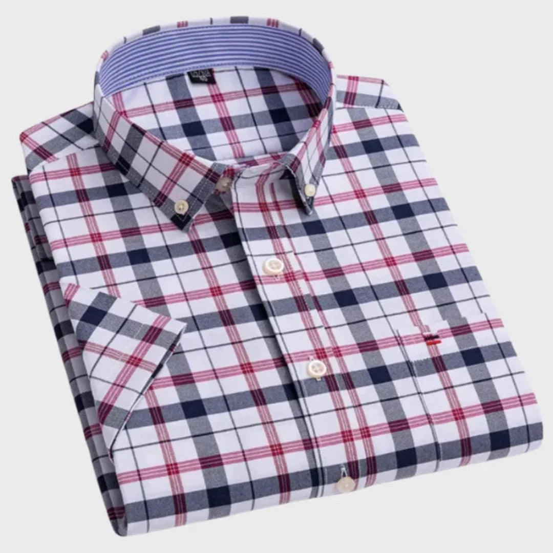 Koszula męska w kratę z krótkim rękawem i kołnierzykiem button down - Czarny-Czerwony