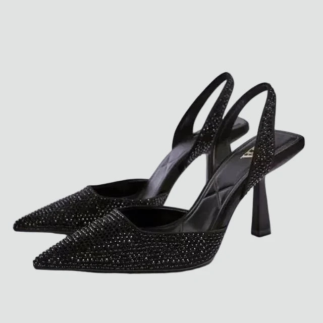 Czółenka damskie slingback na wysokim obcasie ze spiczastym noskiem i zdobieniami - Czarny