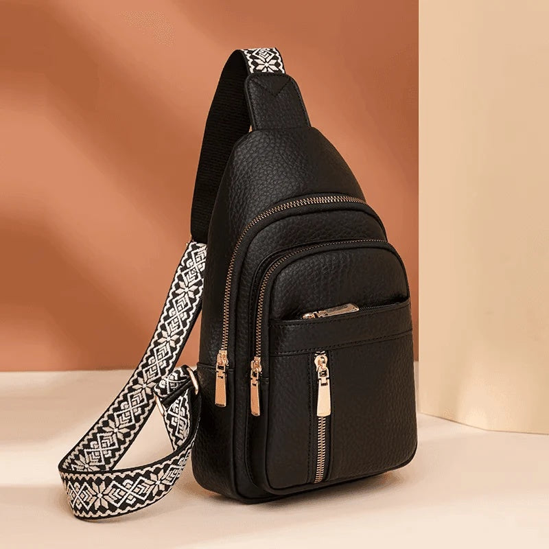 Torba damska crossbody z regulowanym paskiem i kieszeniami na zamek - Czarny