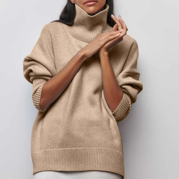 Sweter damski oversize z półgolfem i długimi rękawami - Khaki