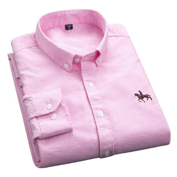 Koszula męska oksfordzka z kołnierzykiem button down i haftem - Różowy
