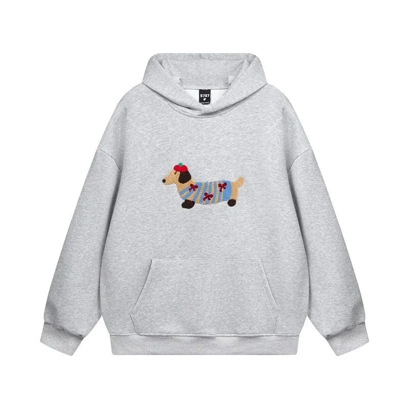 Bluza damska oversize z kapturem kieszenią kangurką i aplikacją z psem - Szary