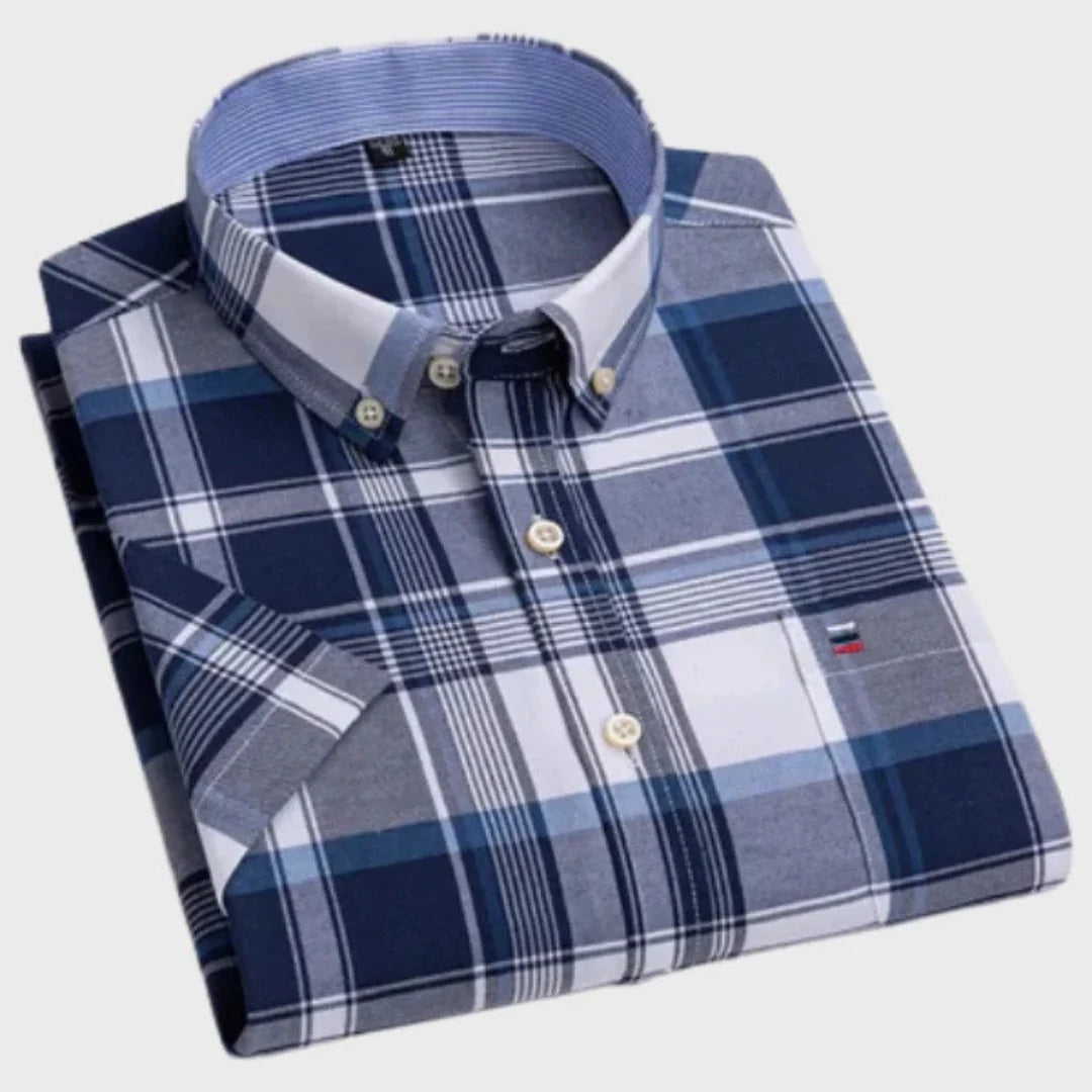 Koszula męska w kratę z krótkim rękawem i kołnierzykiem button down - Ciemnoniebieski