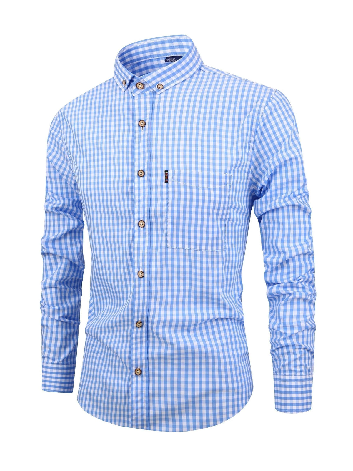 Koszula męska w kratę z długim rękawem i kołnierzykiem button down - Niebieski