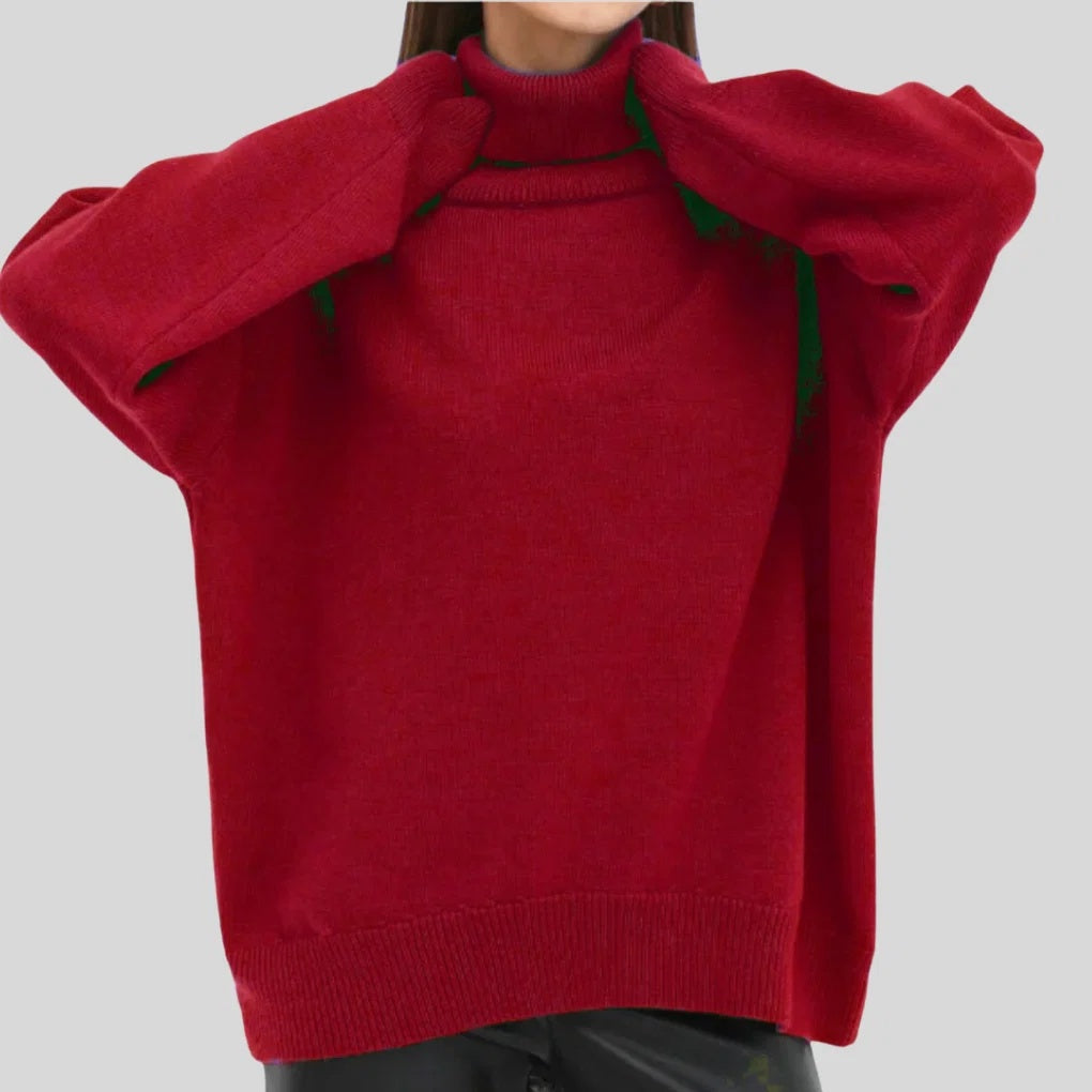 Sweter damski oversize z golfem i obniżoną linią ramion - Czerwony