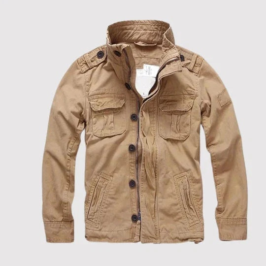 Kurtka męska w stylu militarnym ze stójką i wieloma kieszeniami - Khaki