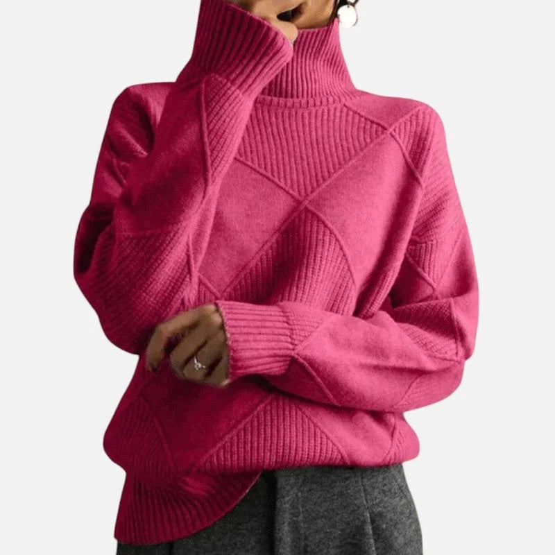 Sweter damski oversize z golfem i geometrycznym wzorem - Różowy