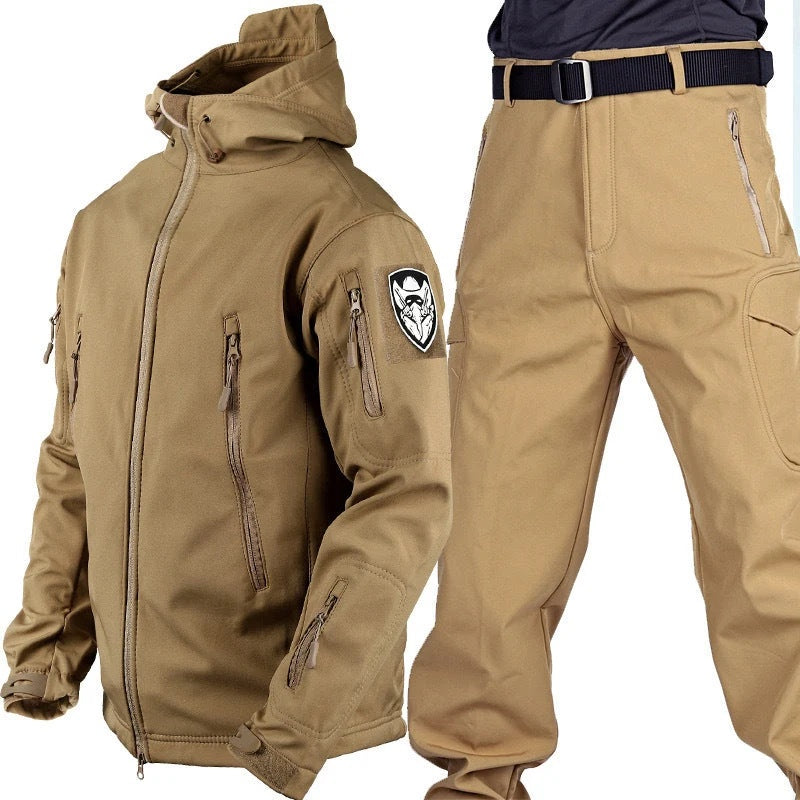 Komplet męski outdoorowy z kurtką z kapturem i spodniami cargo - Khaki