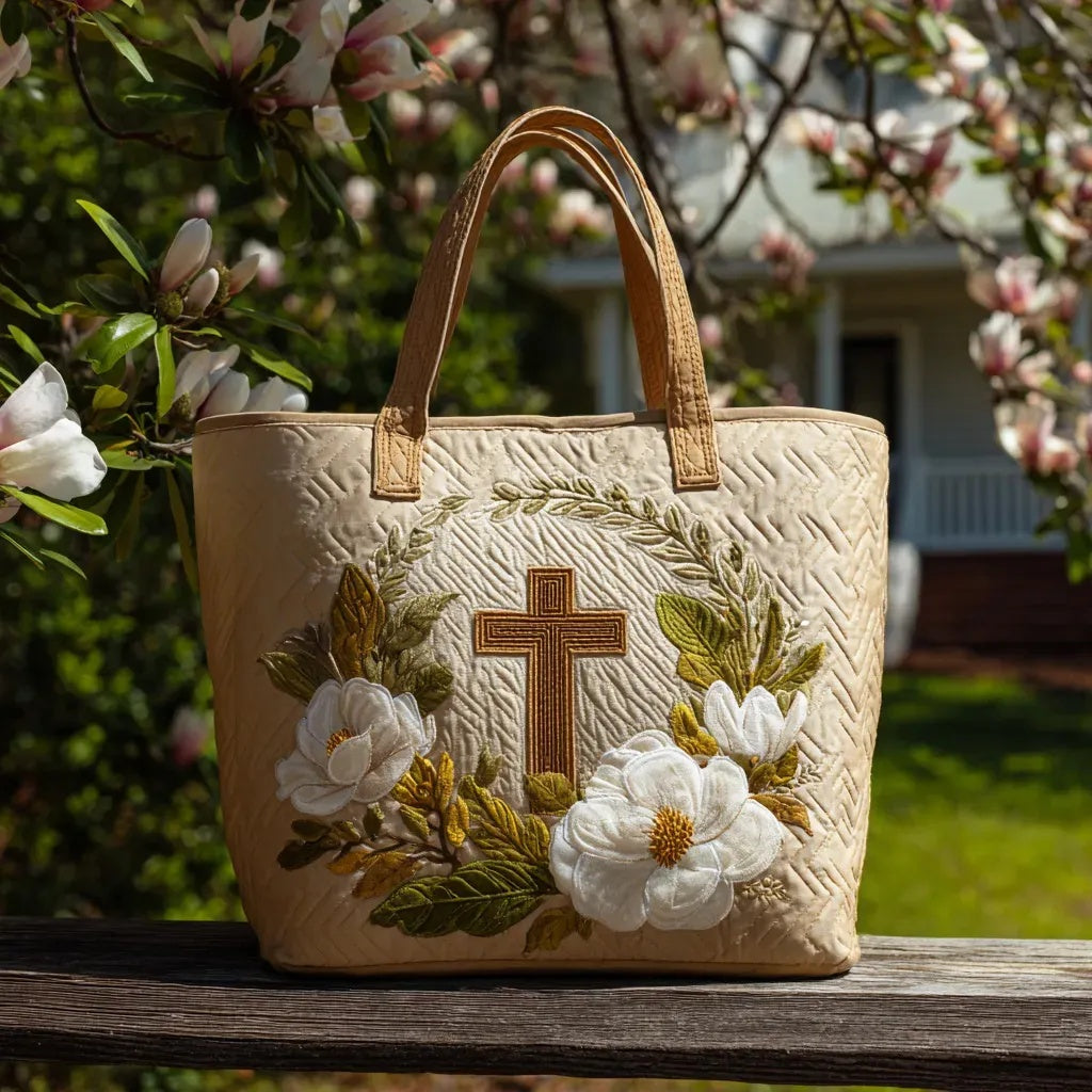 Torebka damska shopper z dwoma uchwytami i haftem religijnym