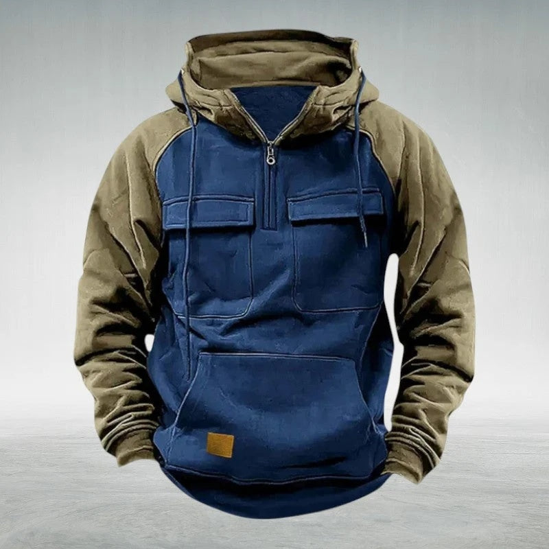 Bluza męska z kapturem i krótkim zamkiem oraz kieszeniami cargo - Khaki Niebieski