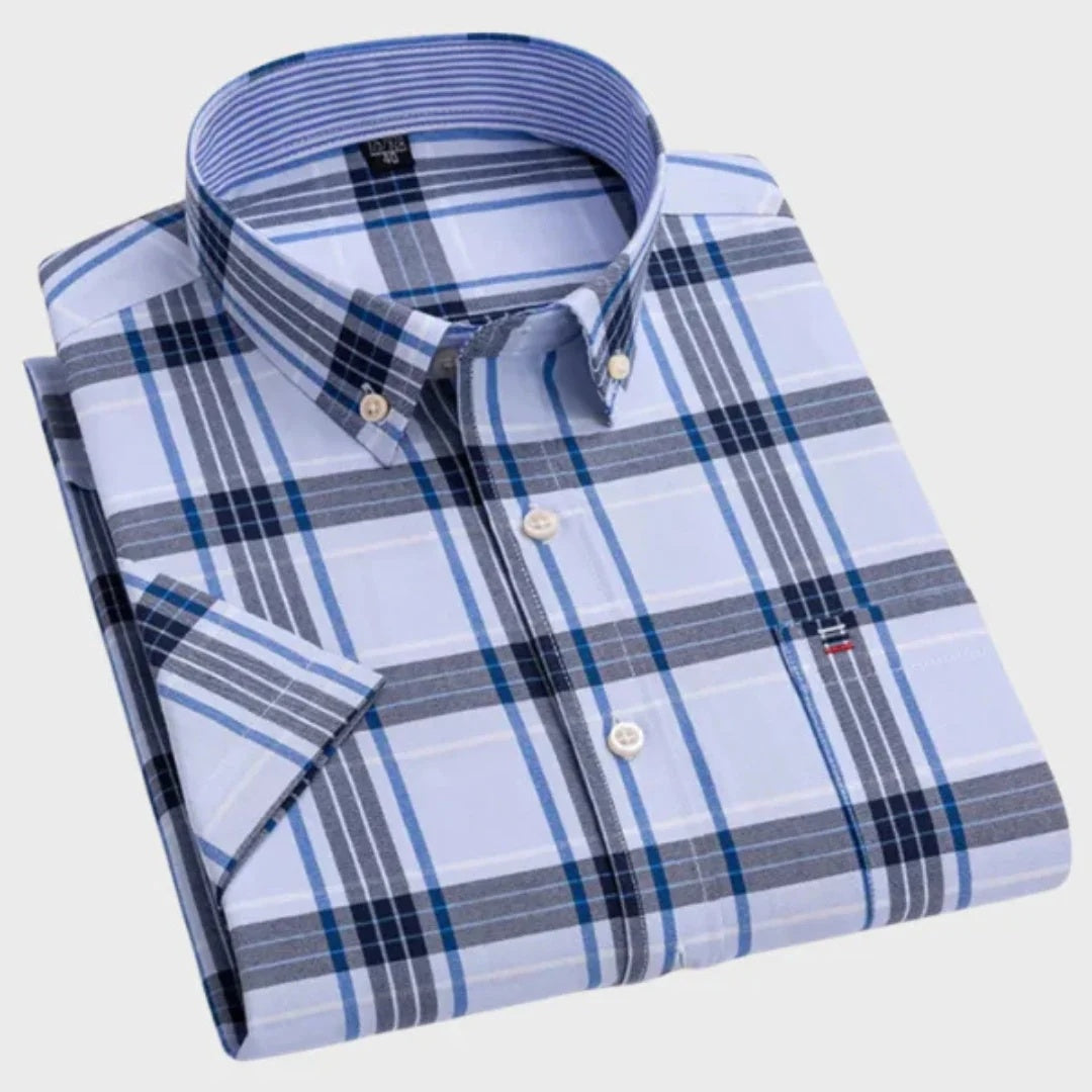 Koszula męska w kratę z krótkim rękawem i kołnierzykiem button down - Czarny-Niebieski