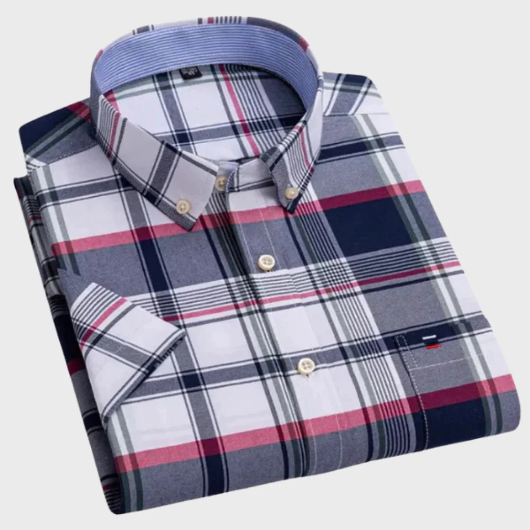 Koszula męska w kratę z krótkim rękawem i kołnierzykiem button down - Czerwono-Niebieski