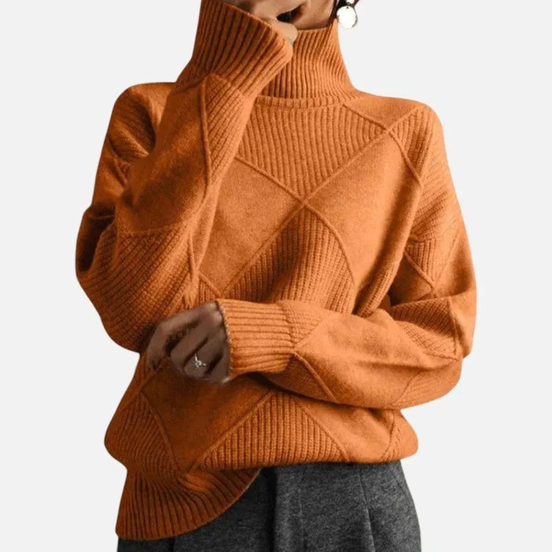 Sweter damski oversize z golfem i geometrycznym wzorem - Pomarańczowy