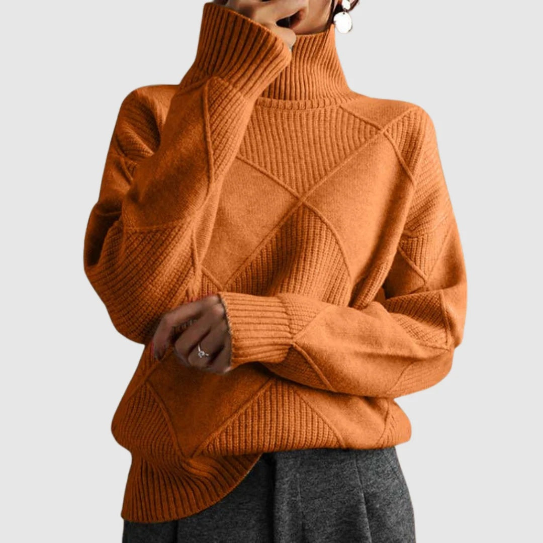 Sweter damski oversize z wysokim golfem i wypukłym wzorem w romby - Pomarańczowy