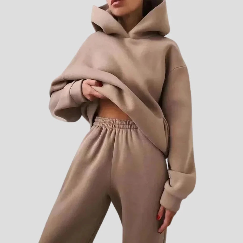 Komplet damski dresowy oversize z bluzą z kapturem i długimi spodniami - Khaki