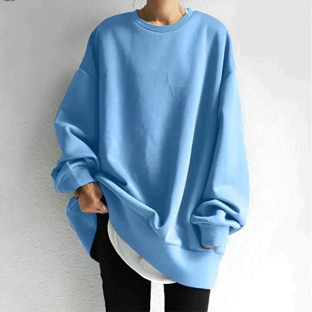 Bluza damska oversize wkładana przez głowę z okrągłym dekoltem - Jasnoniebieski