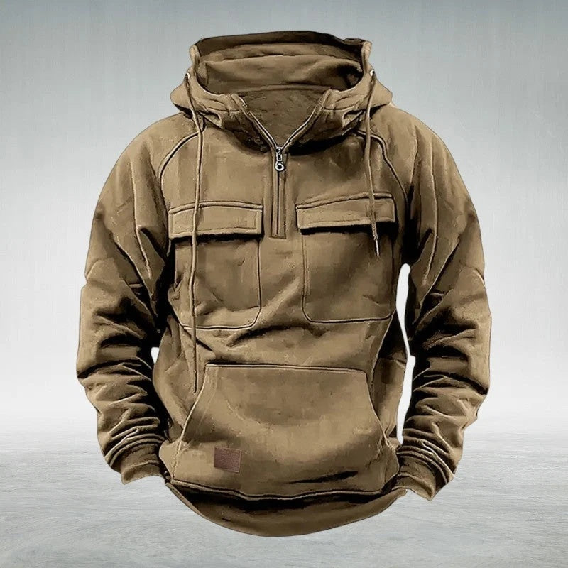 Bluza męska z kapturem i krótkim zamkiem oraz kieszeniami cargo - Khaki
