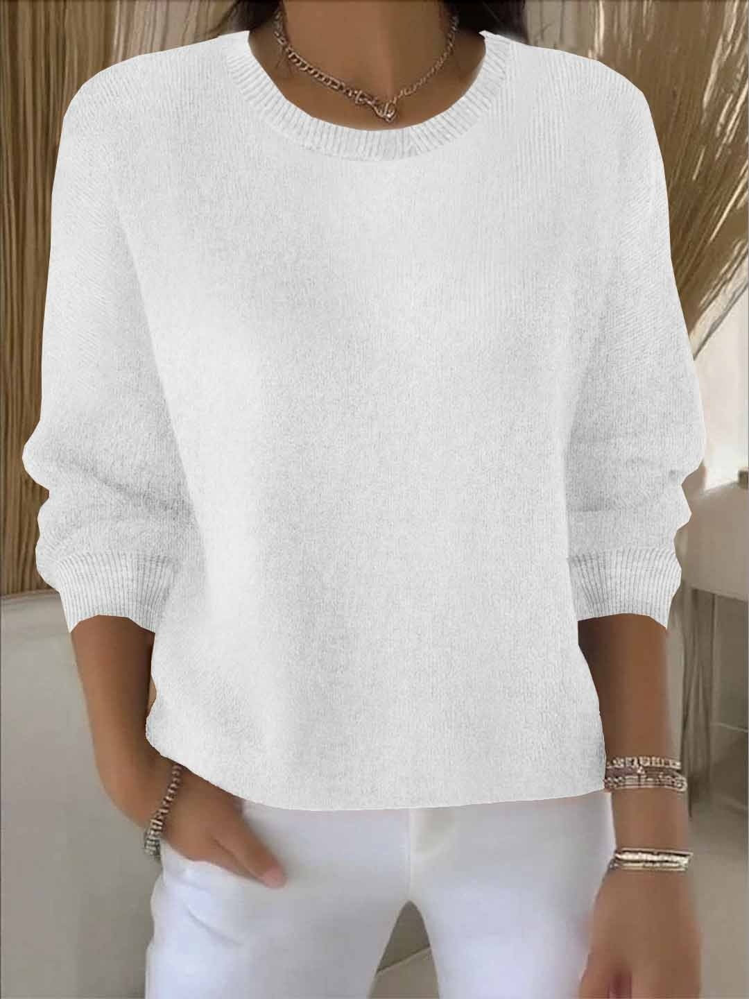 Sweter damski luźny z okrągłym dekoltem i długimi rękawami - Biały
