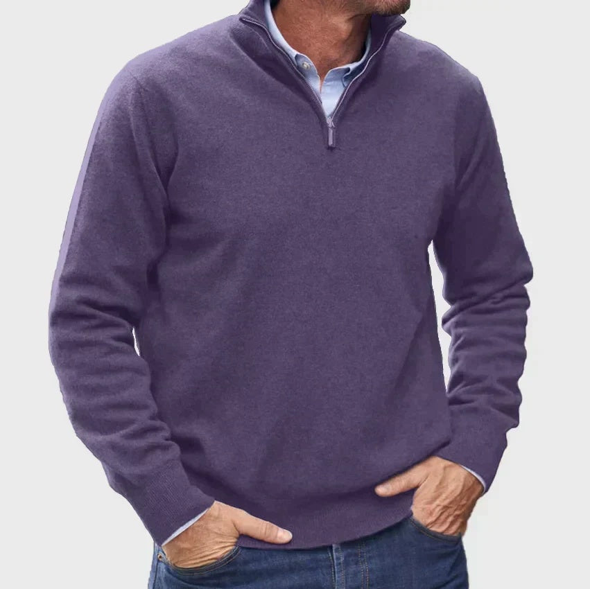 Sweter męski ze stójką i krótkim zamkiem w klasycznym stylu - Purpurowy