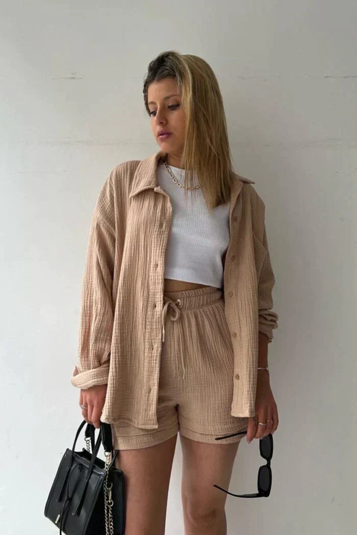 Komplet damski z luźną koszulą i szortami z wiązaniem - Khaki