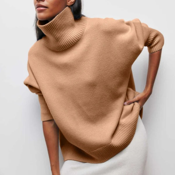 Sweter damski oversize z półgolfem i długimi rękawami - Brązowy