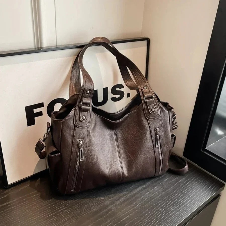 Torebka damska shopper duża z dwoma uchwytami i kieszeniami na suwak - Espresso