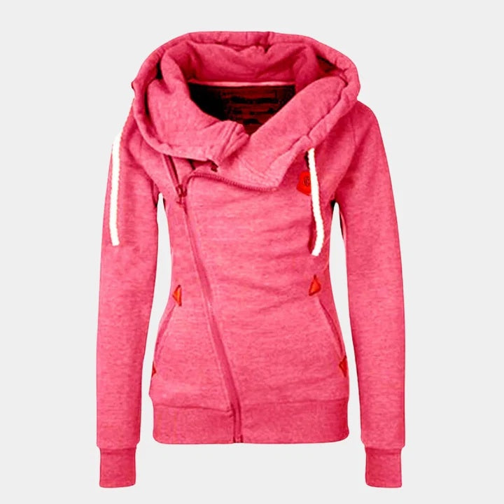 Bluza damska rozpinana z wysokim kapturem i ozdobnymi detalami - Różowy