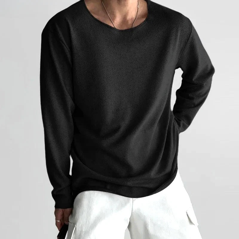 Sweter męski ażurowy oversize z okrągłym dekoltem i długim rękawem - Czarny