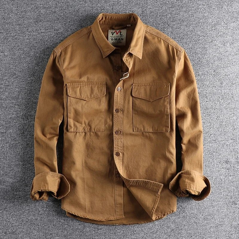 Koszula męska oversize w stylu roboczym z dużymi kieszeniami - Khaki