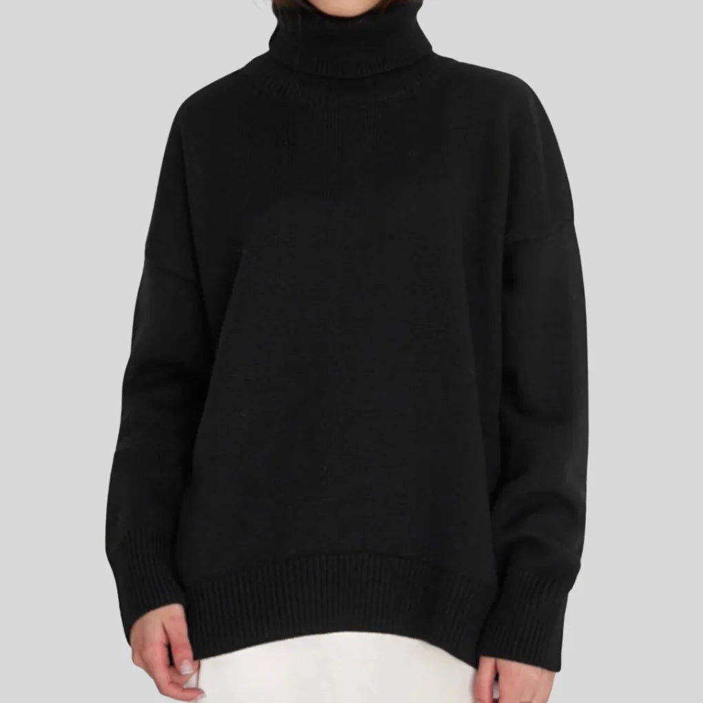 Sweter damski oversize z golfem i obniżoną linią ramion - Czarny