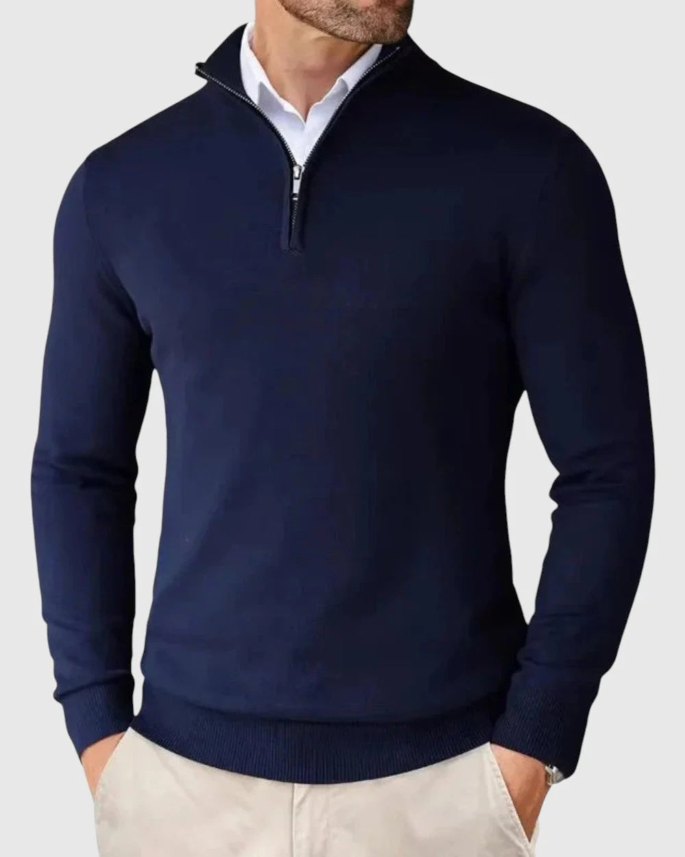 Sweter męski ze stójką i krótkim zamkiem pod szyją - Niebieski