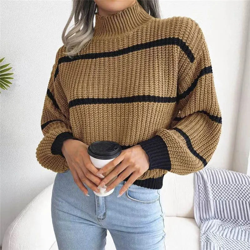 Sweter damski w paski z półgolfem i długimi rękawami - Khaki
