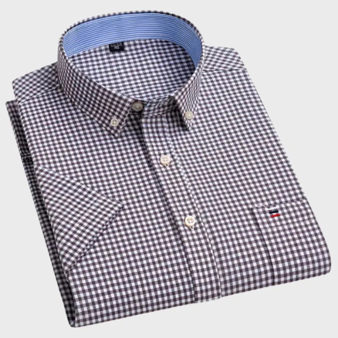 Koszula męska w kratę z krótkim rękawem i kołnierzykiem button down - Ciemnoszary
