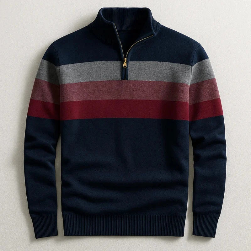 Sweter męski w pasy ze stójką i krótkim zamkiem - Granatowy