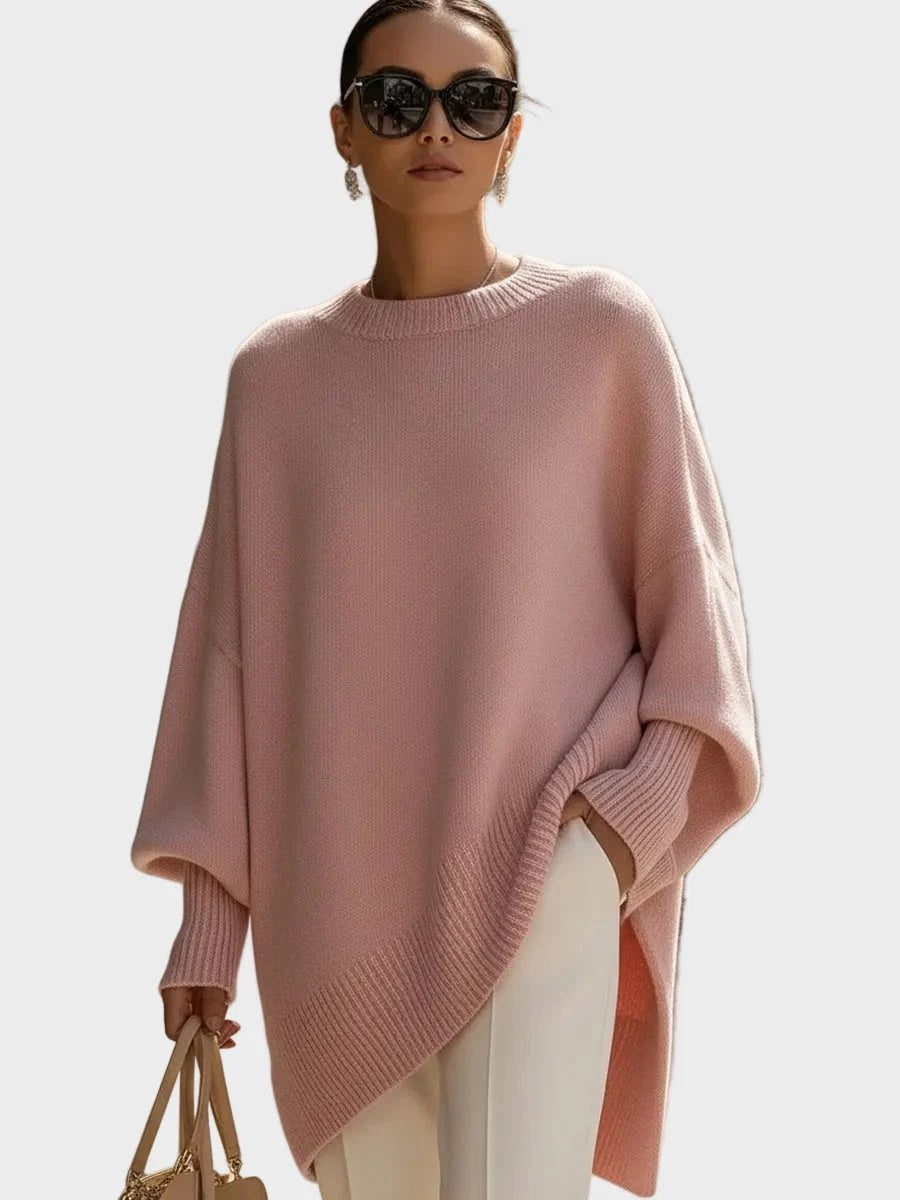 Sweter damski oversize o kroju poncza z okrągłym dekoltem i długimi rękawami - Różowy