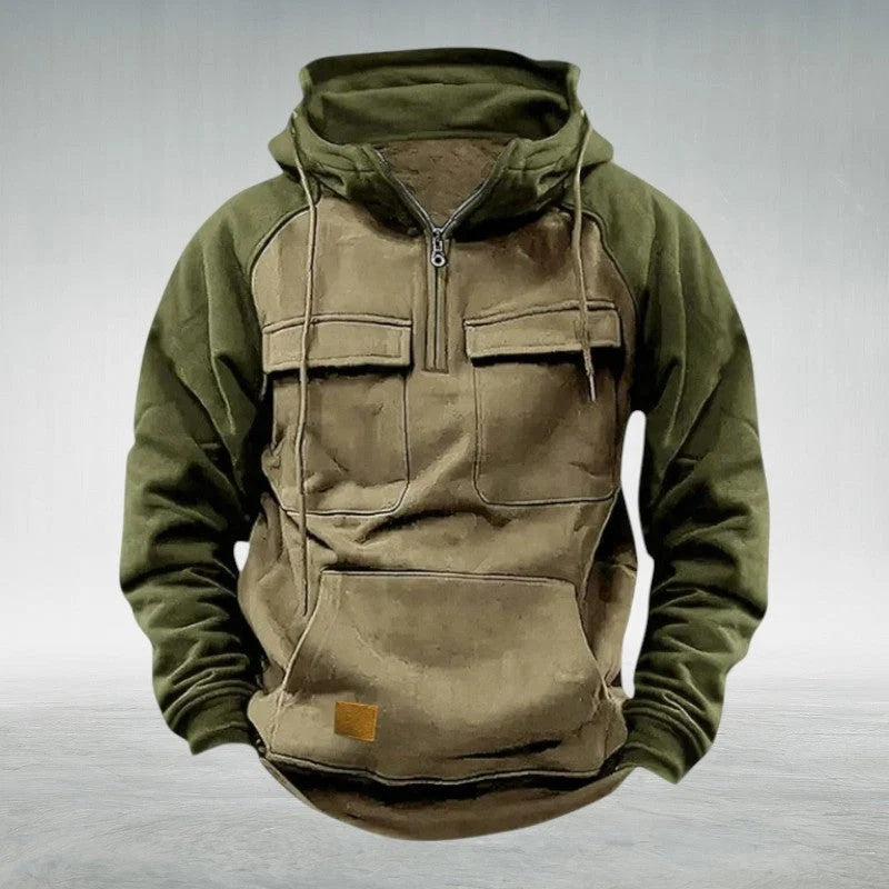 Bluza męska z kapturem i krótkim zamkiem oraz kieszeniami cargo - Zielony Wojskowy Khaki