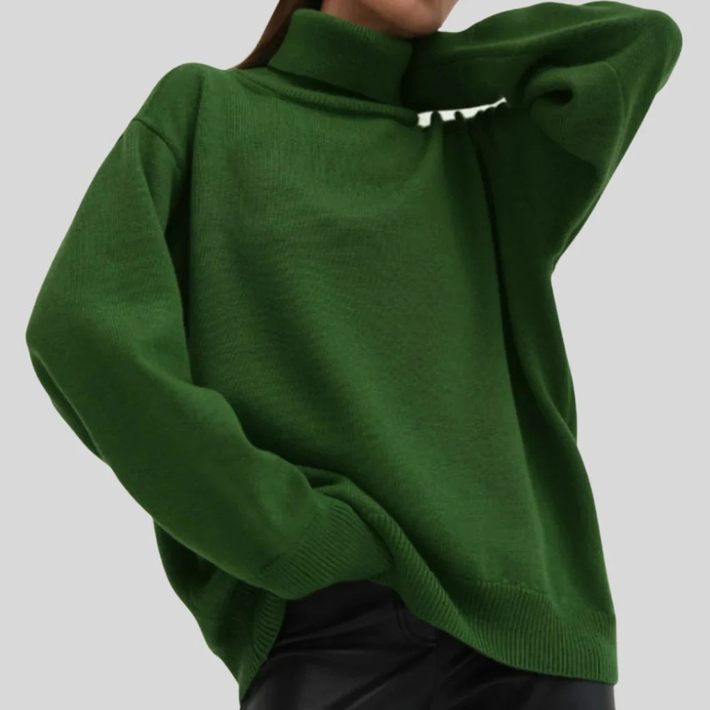 Sweter damski oversize z golfem i obniżoną linią ramion - Zielony 3